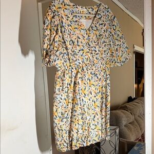 Yellow Floral Puff-Sleeve Mini Dress
